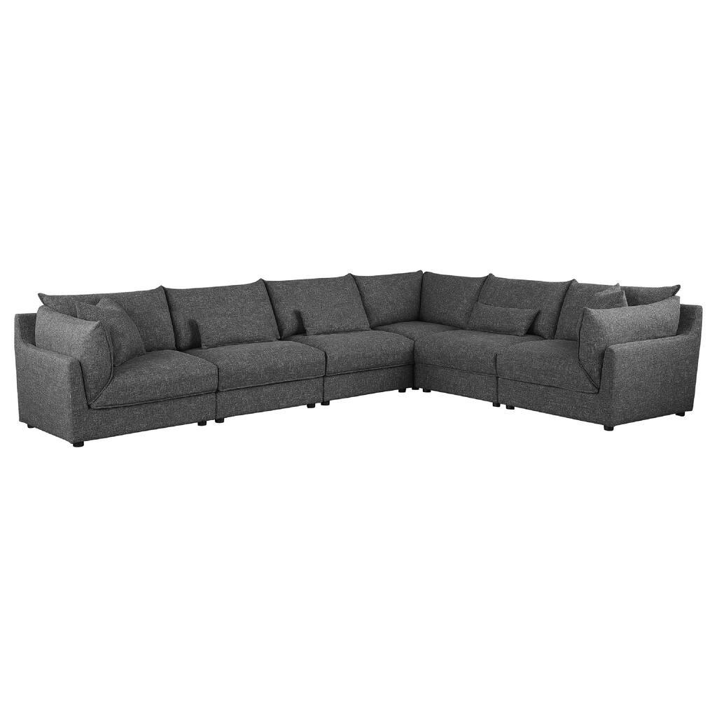 Ash 6 Piece Modular Sectional Sofa Set, L Shape, Black, 5 Pillows