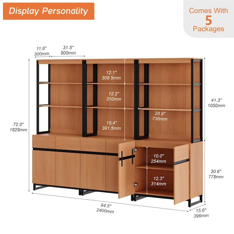 WAMPAT Modern 72" Tall Bookcase with Metal Base and Adjustable Shelves, Library Book Shelf with Storage Cabinet