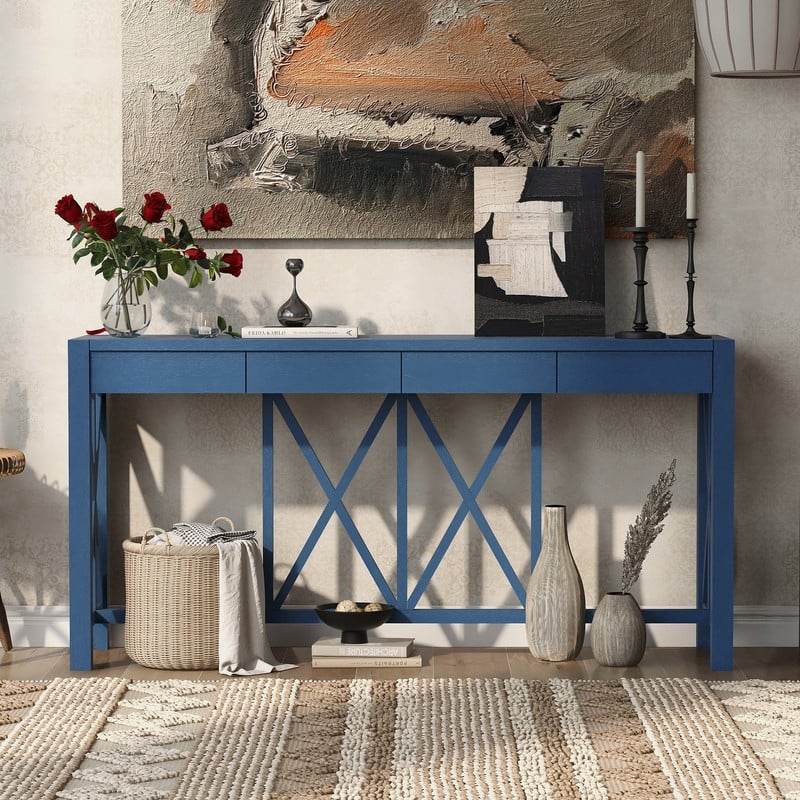 60''Acacia Veneer Console Table with 4 Spacious Drawers, Modern Crisscross Design Entryway Table with Open Bottom Storage - Navy Blue