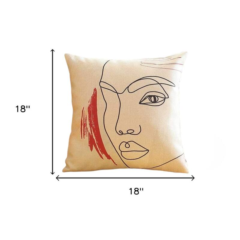 Set of Four 18" Ivory Black and Red Abstract Face Fabric Throw Pillows