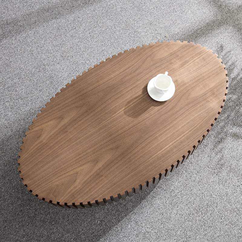 Oval Compact Low Coffee Table Handcraft Drum Small Center Table with Side Fluted Design and Wood Grain for Living Room Office