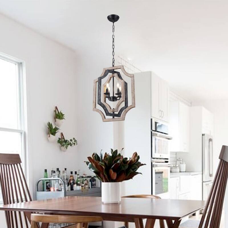 CurveCurio 18" Boho Adjustable Three-Tier Solid Wood Shade Pendant Light w 4 Lights, Austable Hanging Chain Chandelier