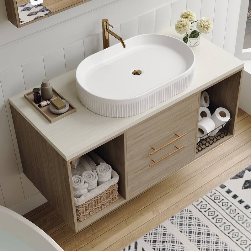 Wall-Mounted Bathroom Storage Vanity Cabinet with Oval Sink, Drawers - Natural