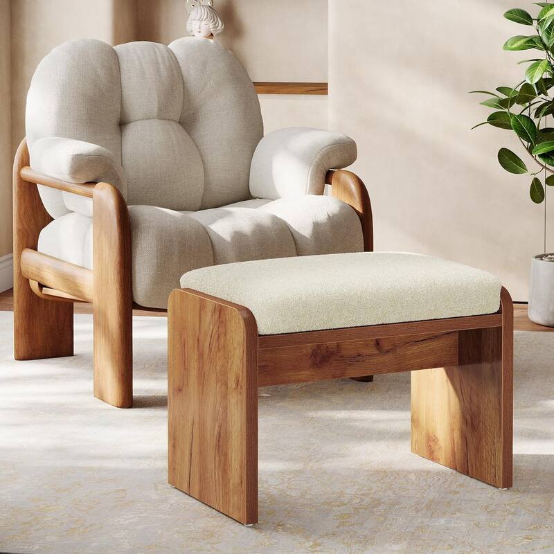 Upholstered Stool, Modern Footstool with Removable Cushion, Dressing Chair Small Ottoman Bench - White & Brown