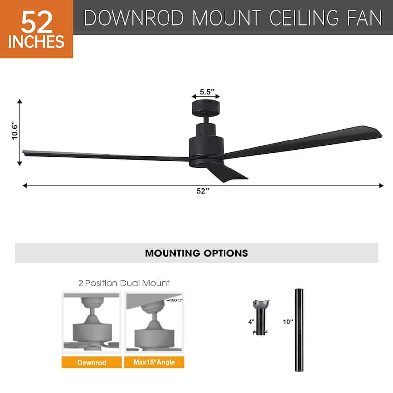 52" Matte Black Industrial Reversible DC Motor Ceiling Fan without Light