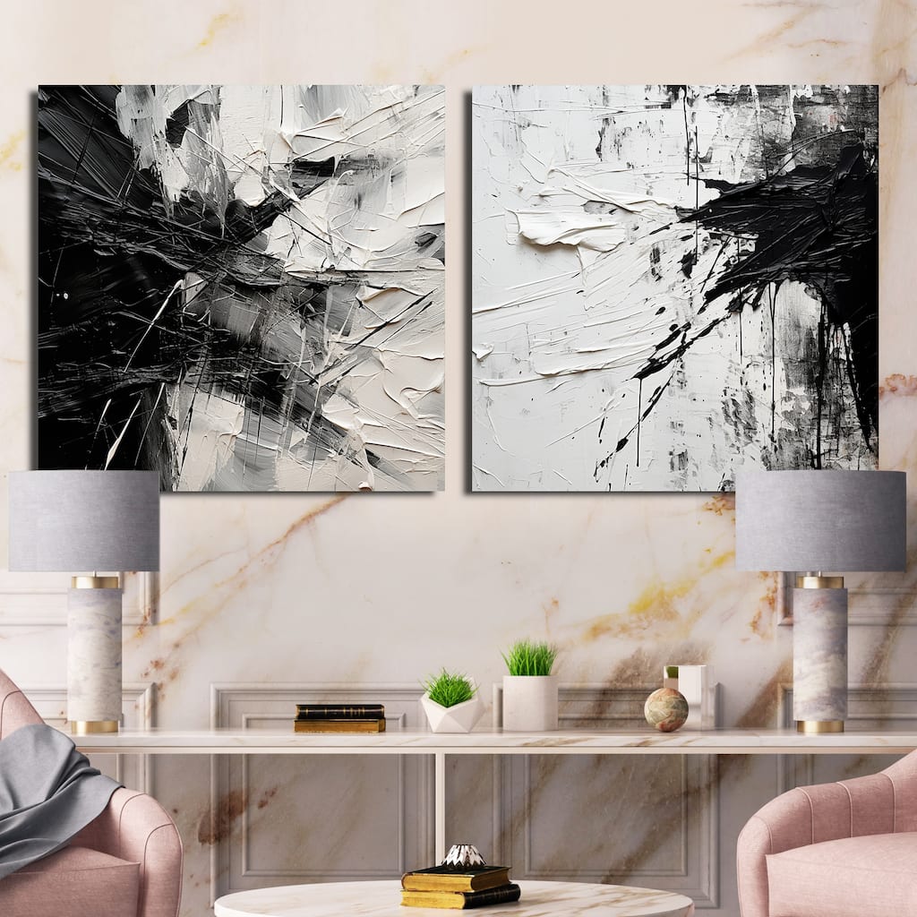 Designart "Black And White Abstracted Realms" Abstract Canvas Set Of 2 - Modern Wall Art Set Black Wall Art 2 Pieces