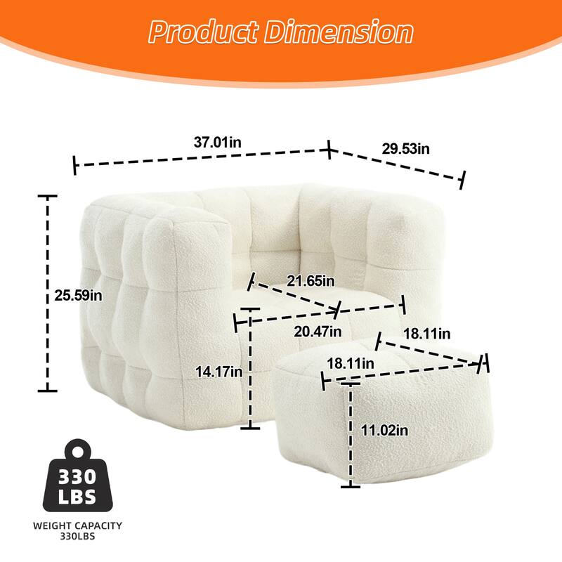 Boucle Upholstered Tufted Modern Non-installation Bean Bag Sofa Chair with Ottoman for Living Room