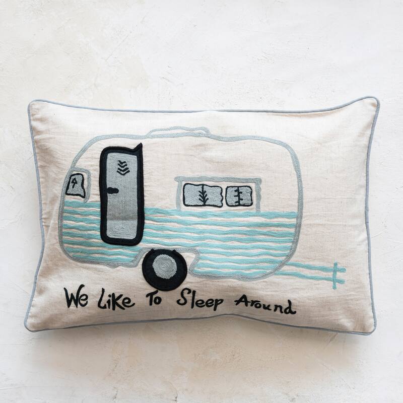 Cotton Lumbar Pillow Cover with Embroidered Camper Design and Message