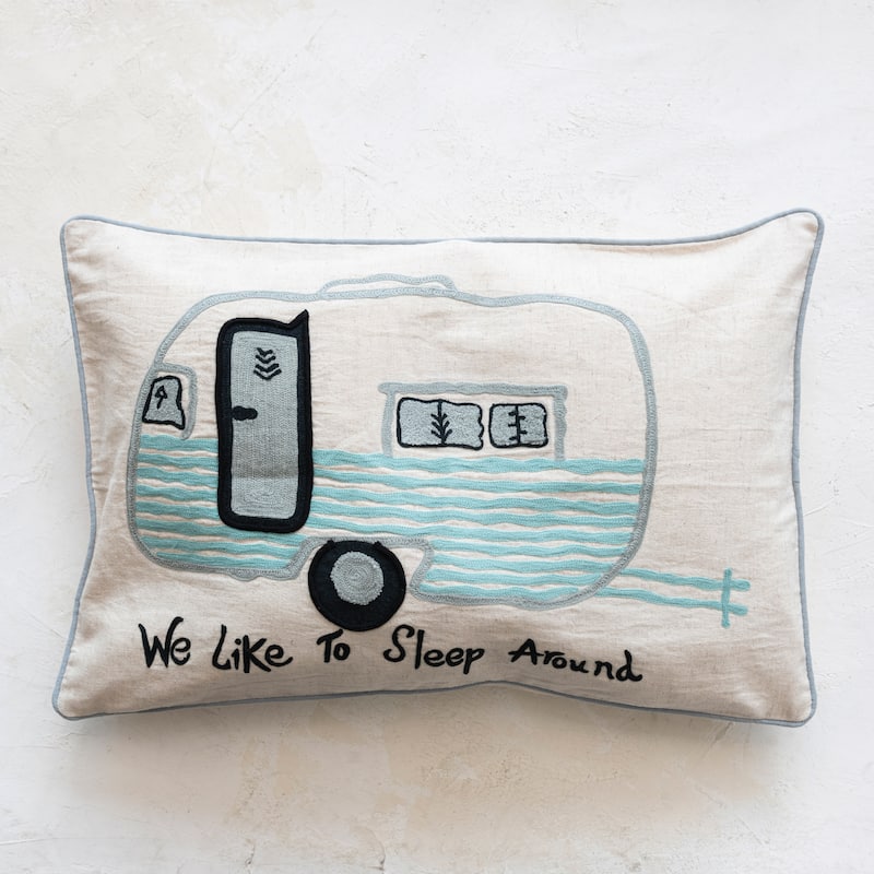 Cotton Lumbar Pillow with Embroidered Camper Design and Message
