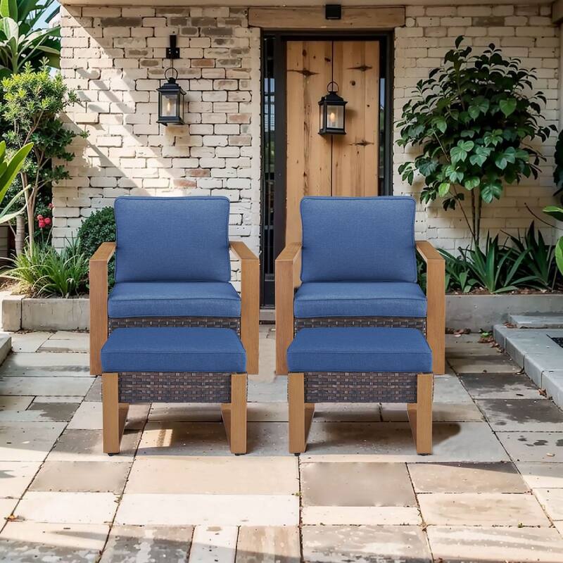 Pocassy Outdoor Patio Chairs Set for Garden Yards - 4 Pieces Swivel Chairs w/ Ottoman - Brown Wicker Blue Cushion