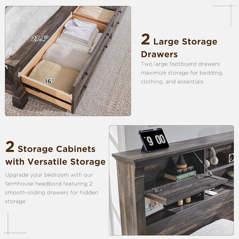 Farmhouse King Size Bed Frame with 54" Tall Storage Bookcase Headboard