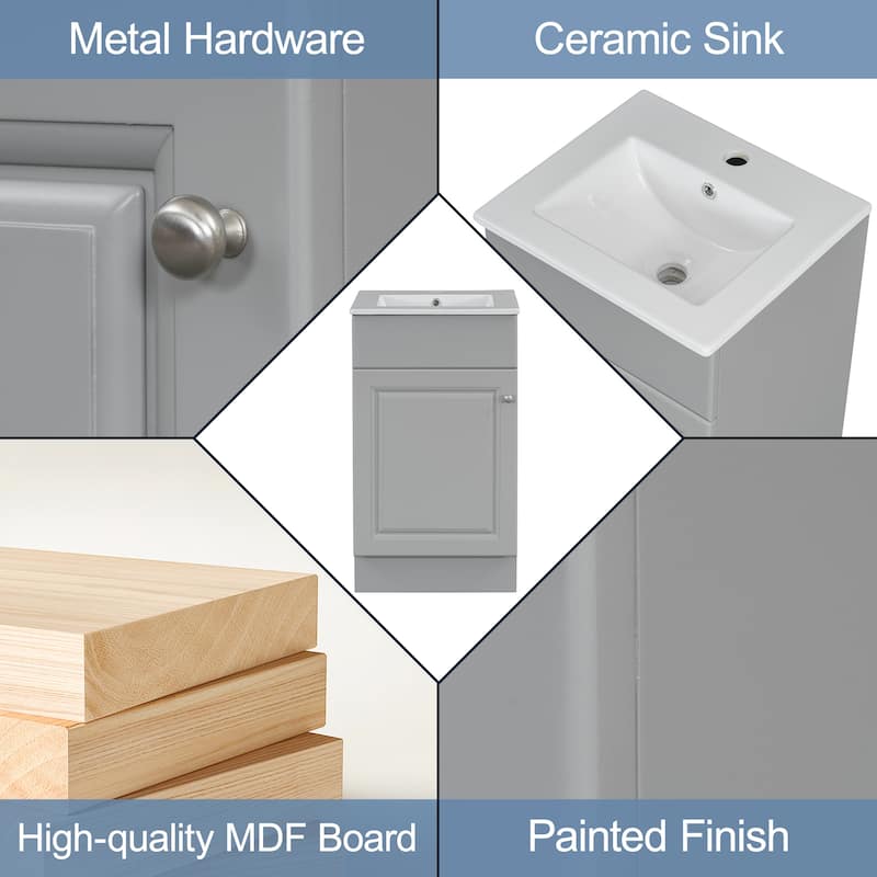 Compact 18 Inch Bathroom Vanity with Ceramic Sink, Painted MDF Cabinet, Storage Shelf, Soft Close Door