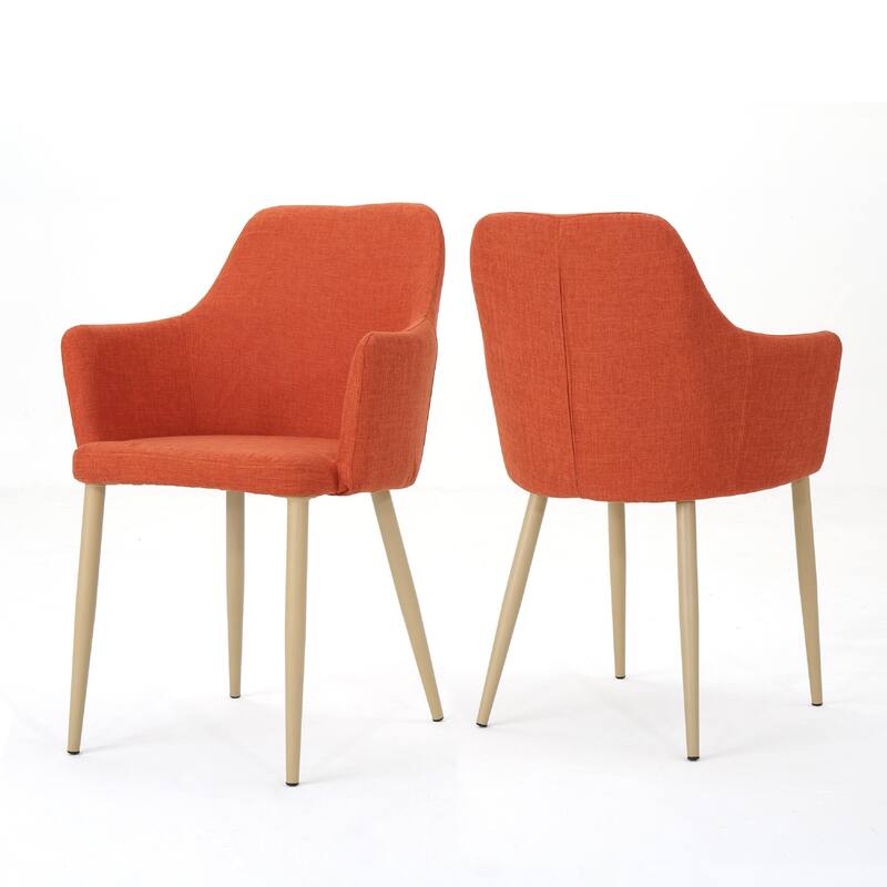 Dining Side Chair Set of 2, Orange Polyester, Light Brown Metal Legs