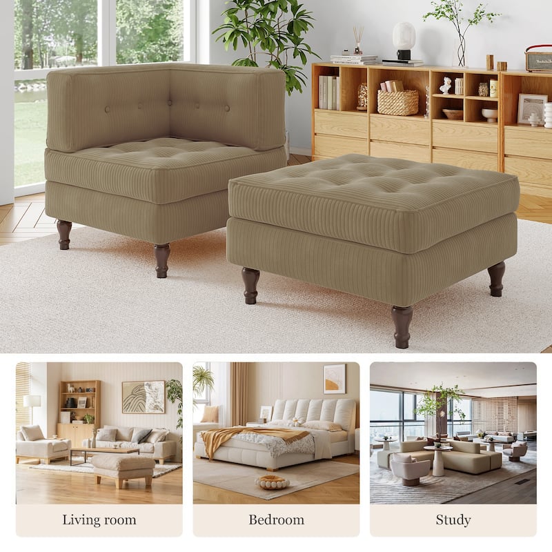 Corduroy L-shape Modular Corner Sectional Sofa with Reversible Storage Ottoman