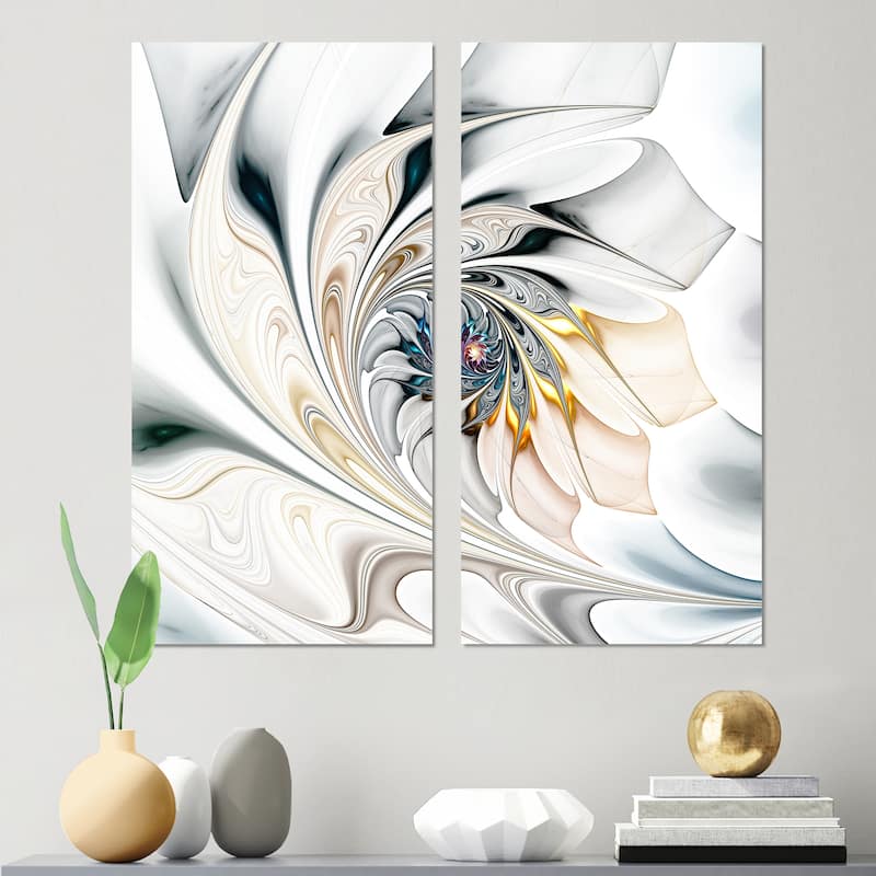 Designart "White Stained Glass Floral Art" Floral Canvas Wall Art Print 2 Piece Set - 16" W x 32" H x 1" D x 2 Pieces