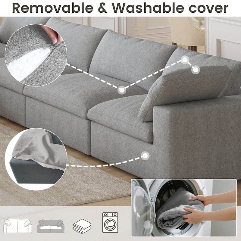 Large Down Filled Corner Sectional Sofa Couch with Ottoman for Living Room Set Linen Cloud Sectional Couches
