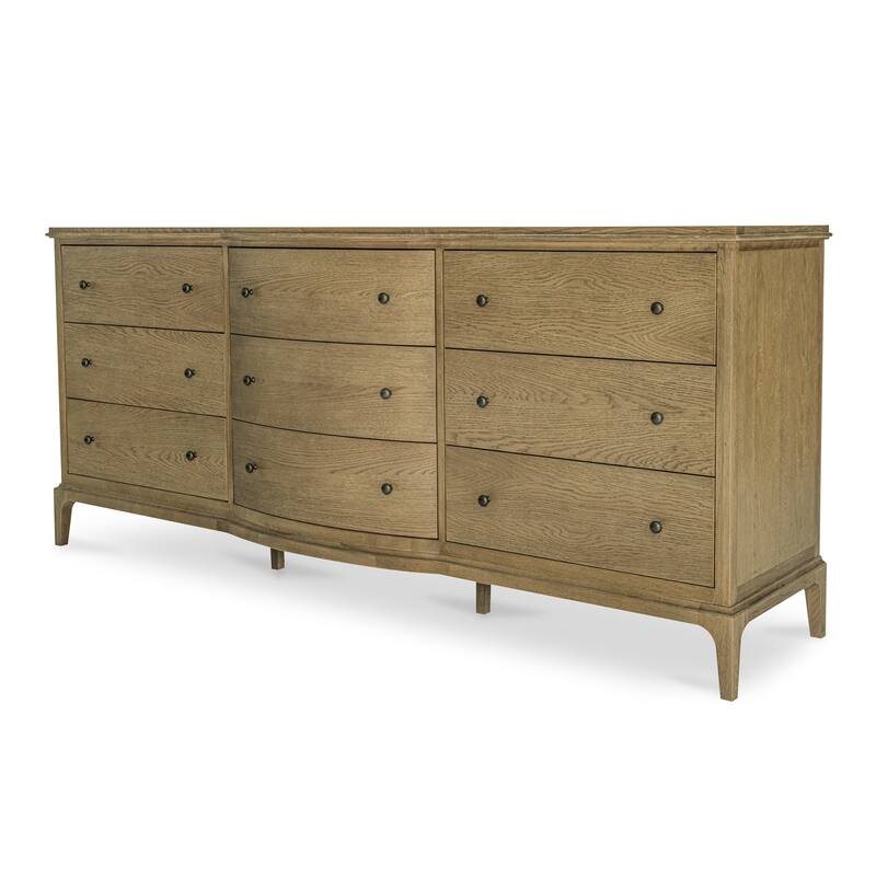 NADAAL STUDIOS Maerin Dresser, Nine Drawer Oak Form with Rounded Overhang and Curved Center Detail, Brown