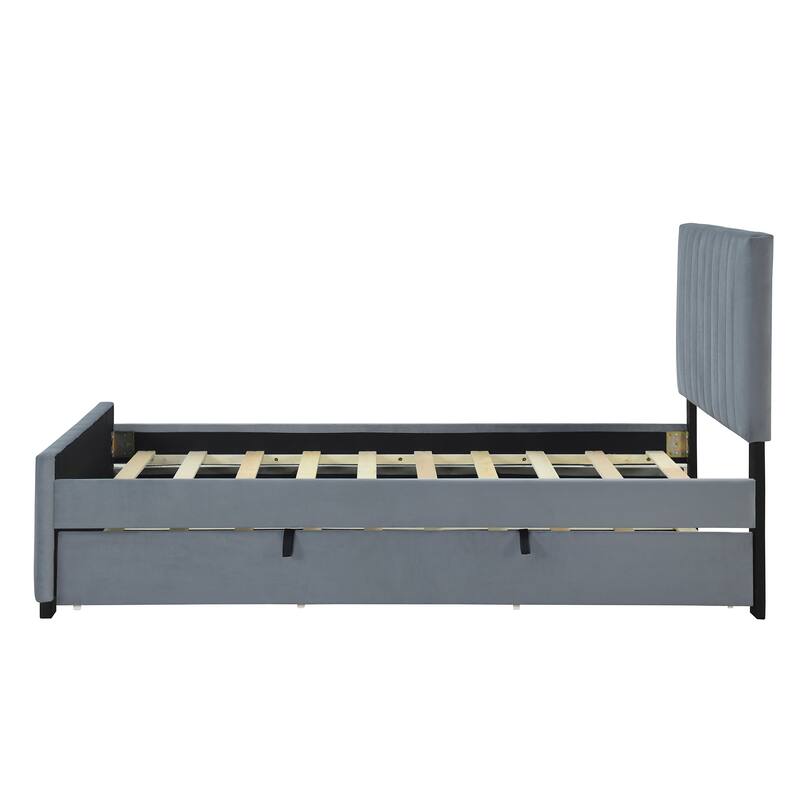Velvet Bed Frame Platform Bed with Trundle-Twin Size, Grey