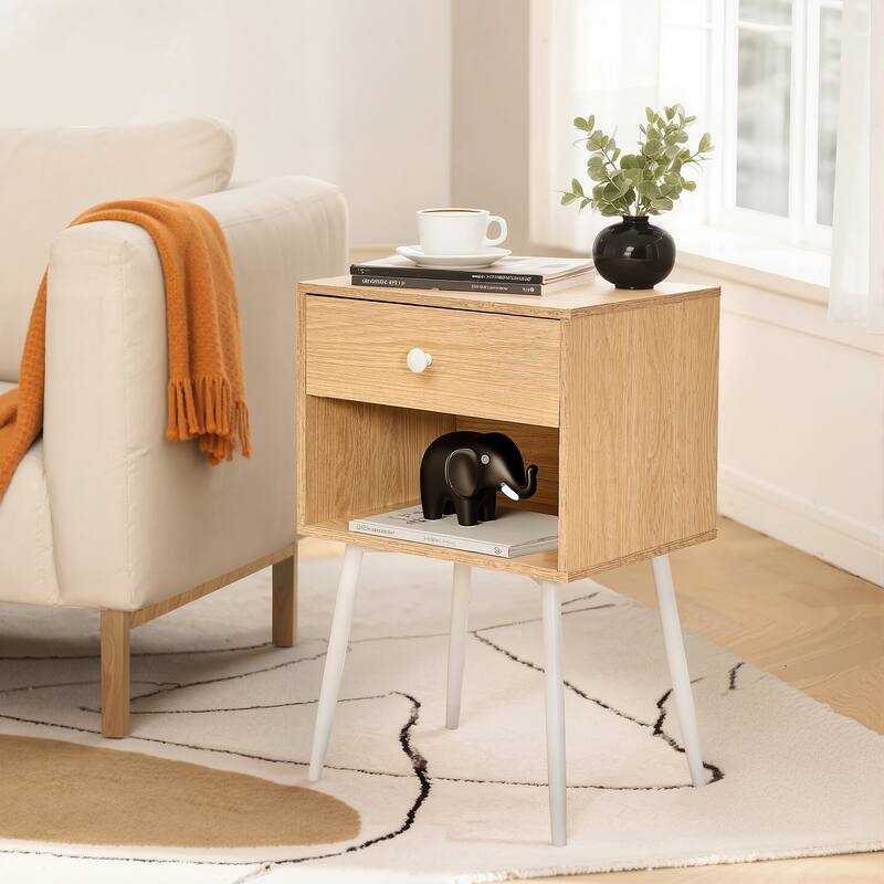 VECELO Nightstand Set of 2 Mid Century 1-Drawer Nightstand with Enclosed Open Shelf Multi-Color Options for Bedroom Living room