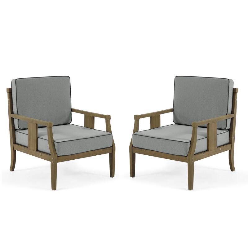 Set of 2 Outdoor Teak Wood Armchairs with Cushions, Patio Club Chairs