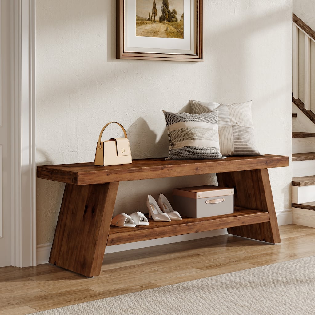 2 Tier Shoe Rack Bench for Entryway, Bedroom, Living Room, Solid Wood Bench Indoor with Storage Shelves