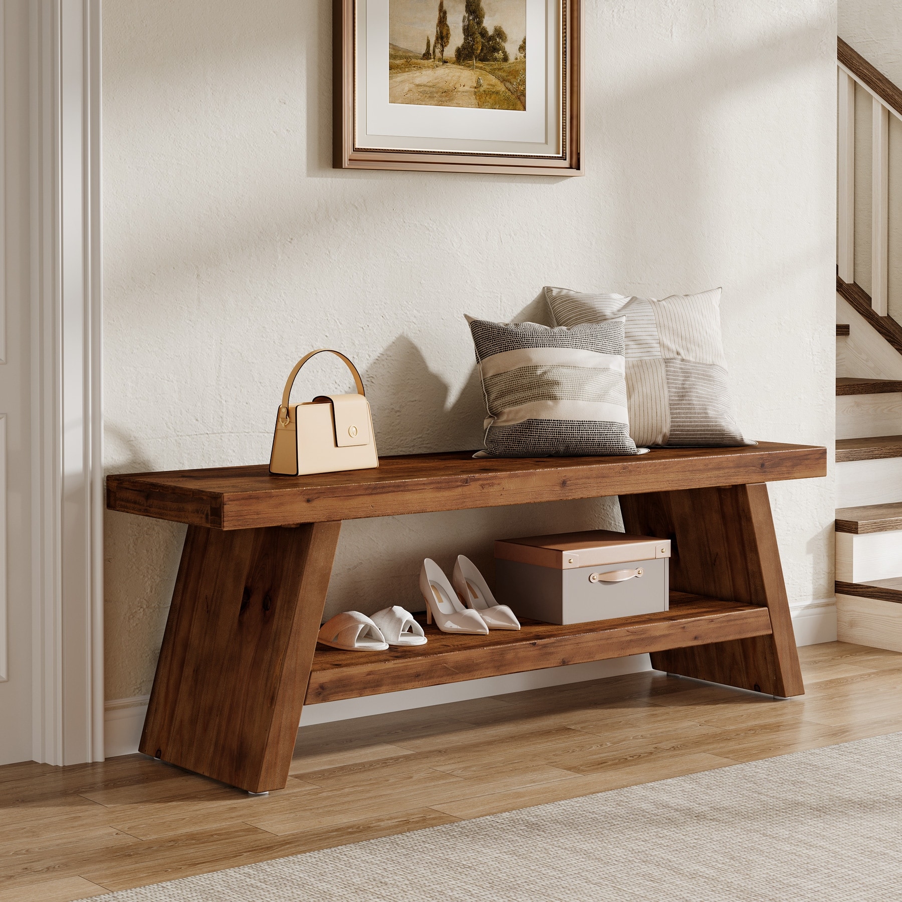 2 Tier Shoe Rack Bench for Entryway, Bedroom, Living Room, Solid Wood Bench Indoor with Storage Shelves