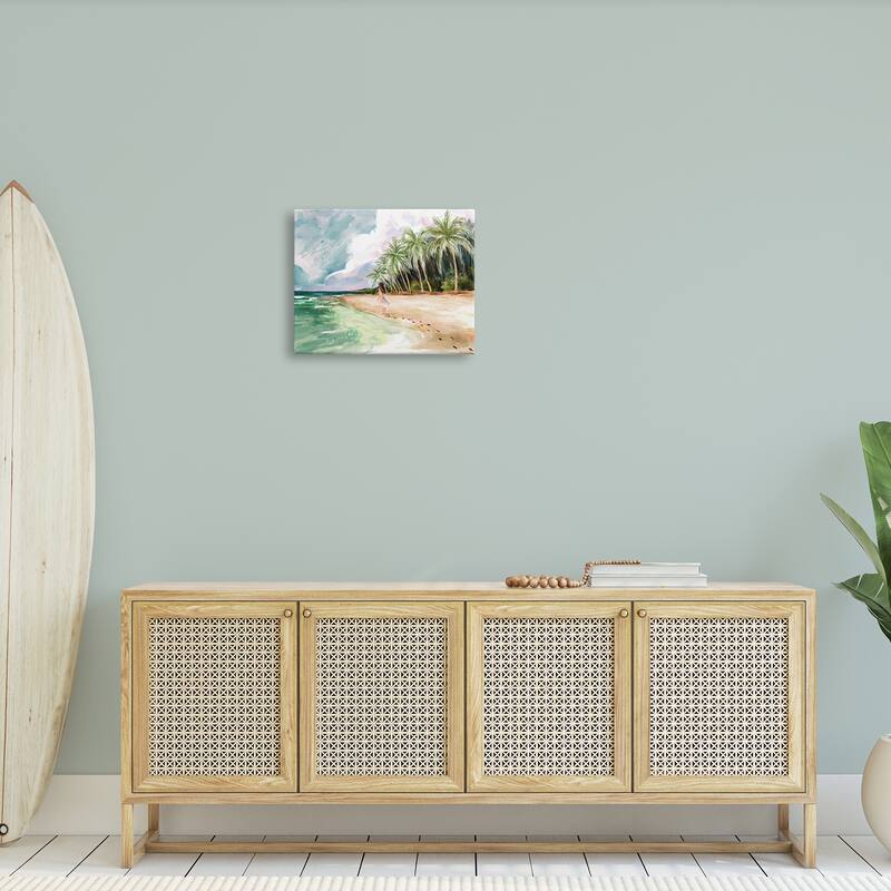 Stupell Woman Walking Sandy Footprints Tropical Beach Coast Canvas Wall Art - Blue