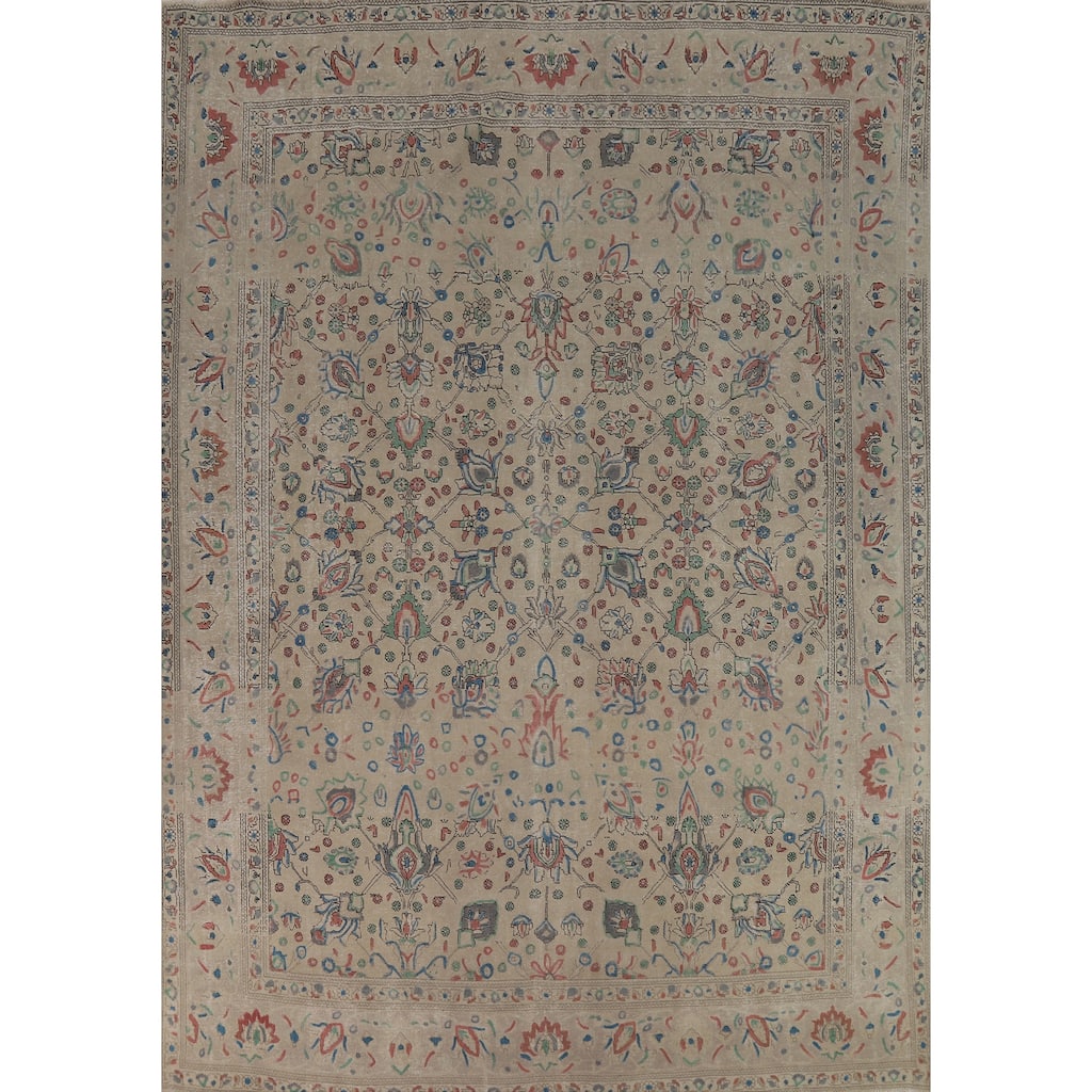 Hand Knotted Oriental 100% Wool Carpet Traditional All-Over Beige & Ivories Tabriz Area Rug - 12' 3'' X 9' 8''