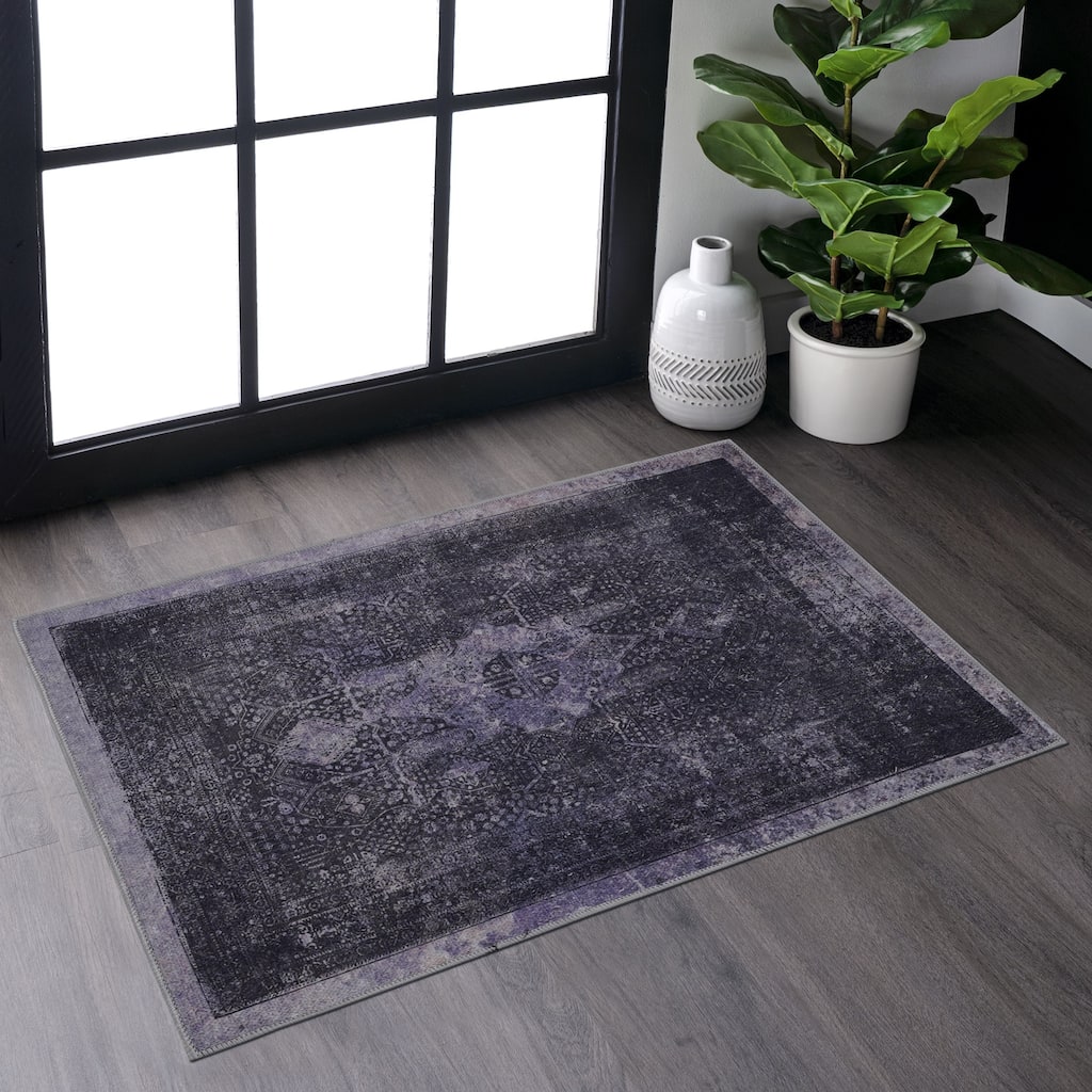 Roomfitters 2' x 3' Machine Washable Boho Vintage Area Rug, Non-Slip Pet Friendly Indoor Living Room Decor Carpet - Anthracite