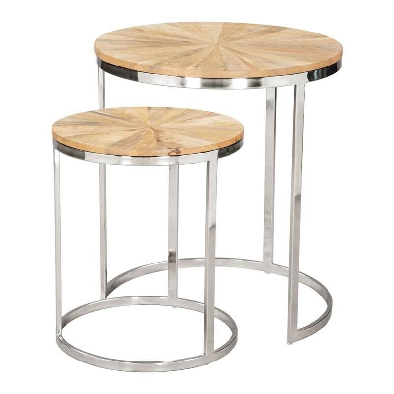 HomeRoots Set of Two Natural And Silver Solid Wood And Iron Round Frame Nested Tables - 18' X '20.5' X '18