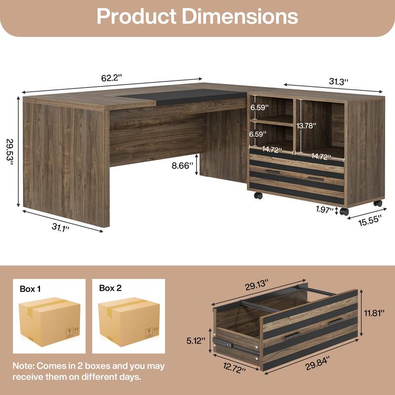 62.2" Executive Desk with Mobile File Cabinet, L-Shaped Office Desk
