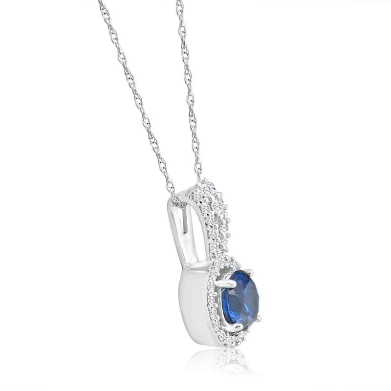 1 1/2Ct TW Blue Sapphire Halo Diamond Pendant White Gold Women's Necklace