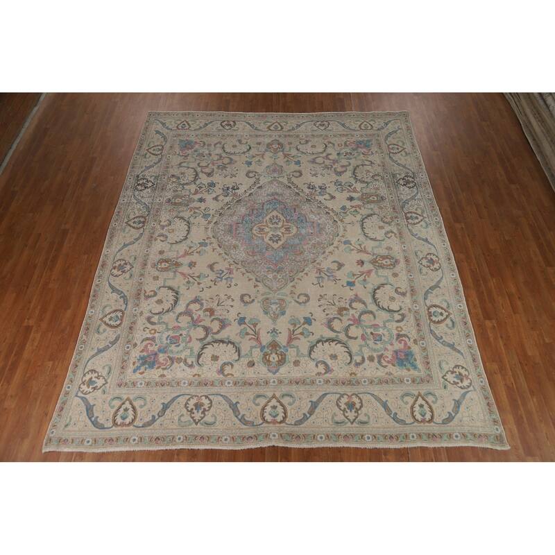 Floral Tabriz Persian Area Rug Oriental Hand-Knotted Beige Wool Carpet - 9'11"x 11'9"