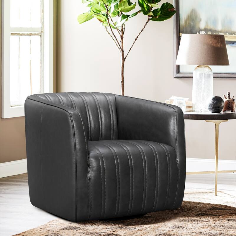 Aries Leather Upholstered Swivel Barrel Chair Living Room Arm Chair
