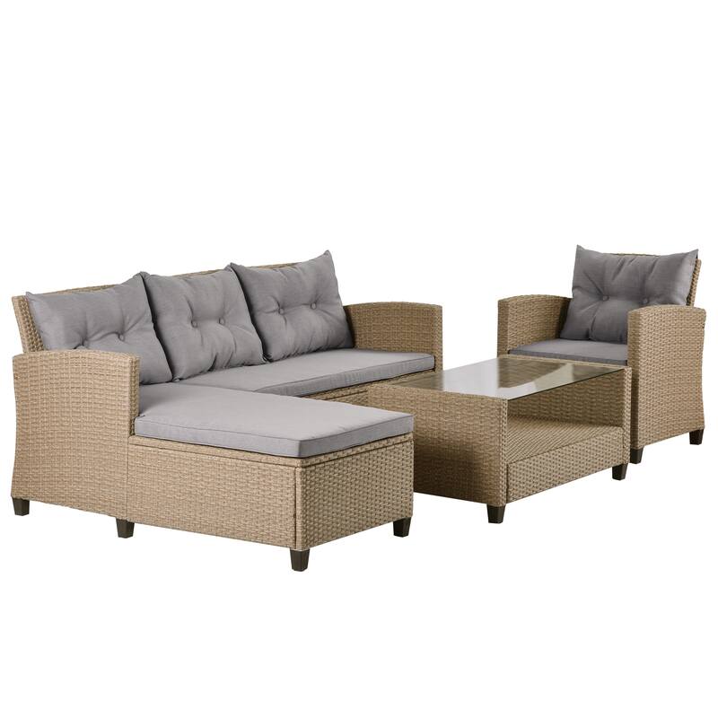Conversation Set Wicker Ratten Sectional Sofa with Seat Cushions On
