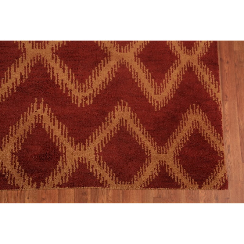 Hand Knotted Oriental 100% Wool Carpet Modern Geometric Red Moroccan Area Rug - 9' 7'' X 7' 11''