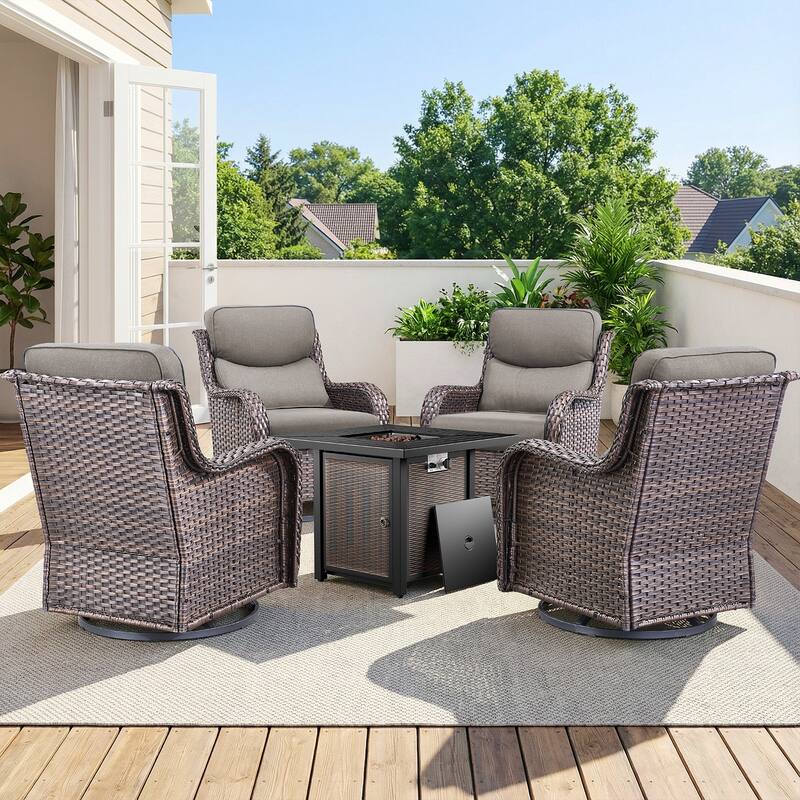 Pocassy 30 In Outdoor Fire Pits with Patio Sofa Swivel Glider Chari Furniture. - Brown Wicker Gray Cushion - 5-Piece Swivel Chair w/ Fie Pit Table