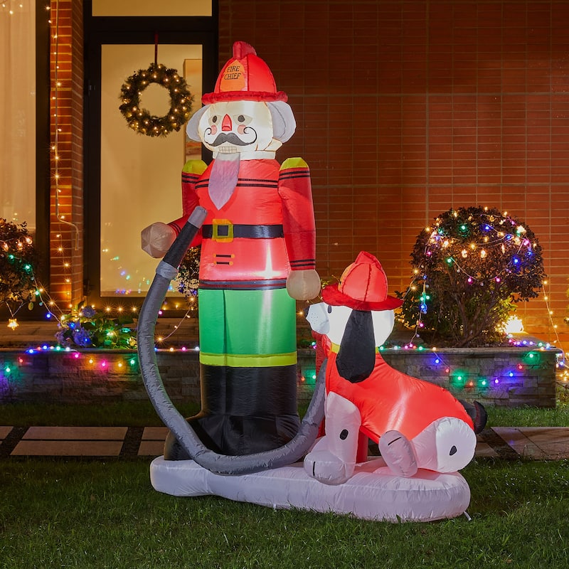 Glitzhome 7ft LED Inflatable Fire Fighter with Puppy Dog Decor