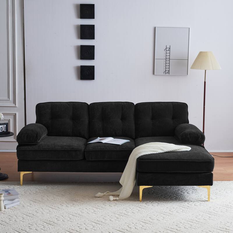 Velvet Sectional Sofas Couches with Pillow Top Arms and Upholstered Backrest, Modern L-Shaped Couches with Metal Legs - Black