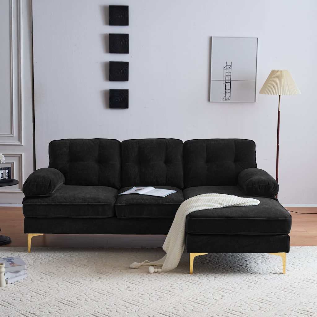Velvet Sectional Sofas Couches with Pillow Top Arms and Upholstered Backrest, Modern L-Shaped Couches with Metal Legs