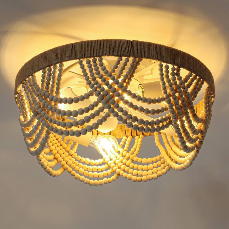 20" Bohemian Wood Beaded Beige Smart Ceiling Fan with Remote and Light, APP Control - 19.7" D x 19.7" W x 10.1" H