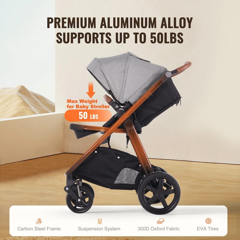 Oxford Aluminum Stroller with Bassinet and Adjustable Canopy - 35.4” L x 25.8” W x 43.9” H