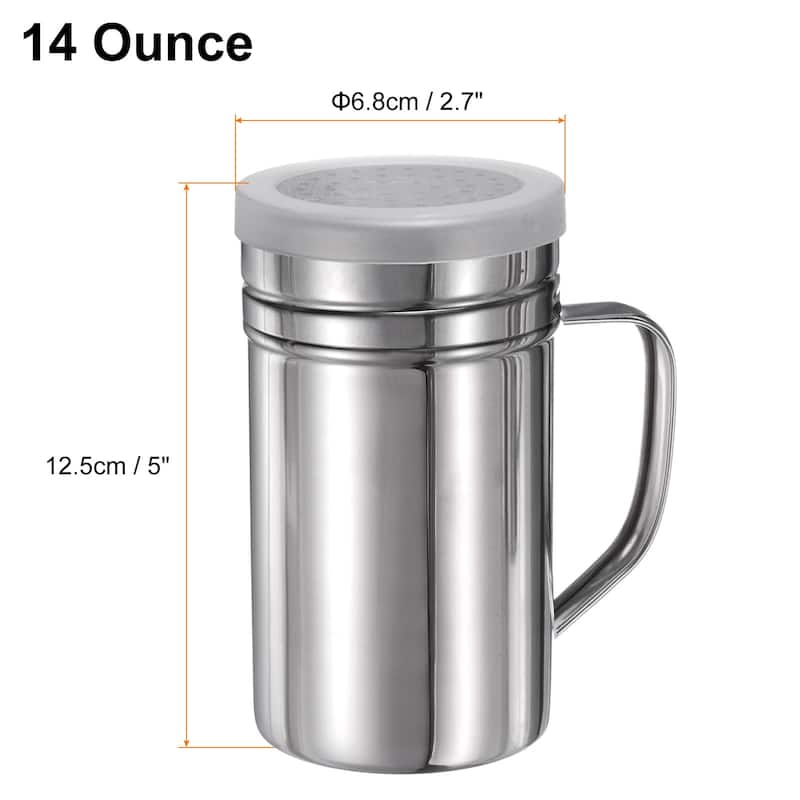 Salt Dredge Shakers Stainless Steel Spice Shakers W Handle and Lid - Silver - 14 Ounce