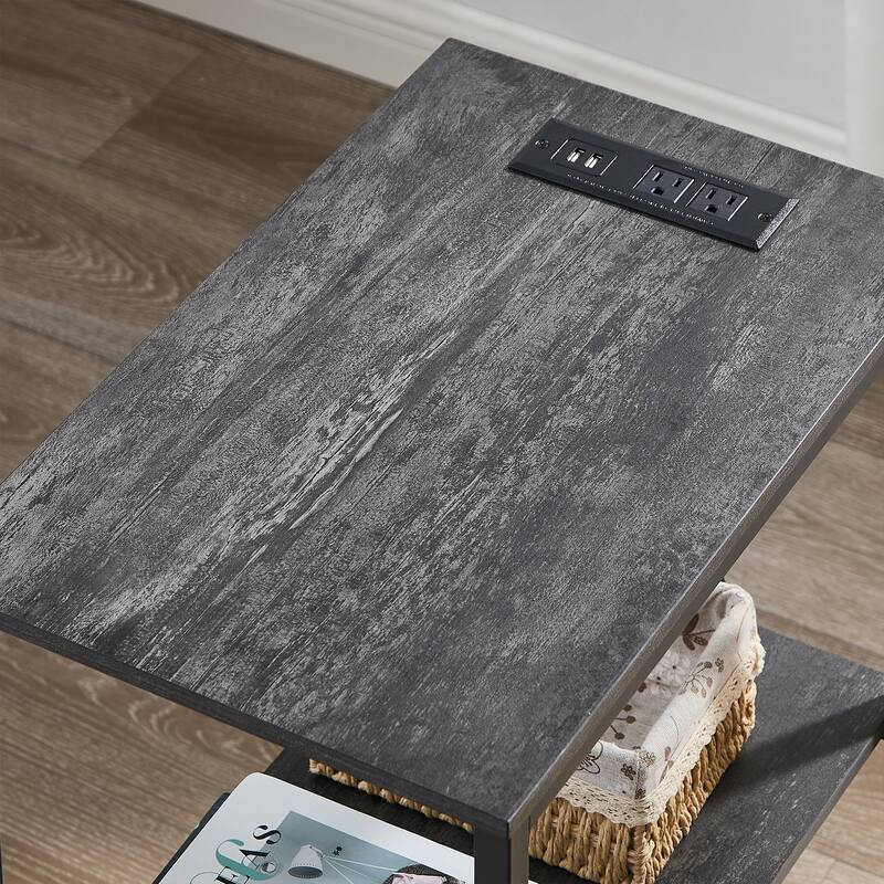 VECELO 3-Tier Open Shelf End Table Narrow Space-Saving Design End Table with USB Charging Station Side Table for Living Room