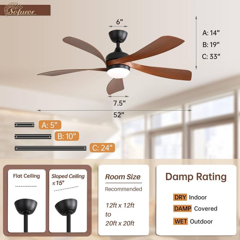 52 Inch Ceiling Fan with Remote & Lights Quiet DC Motor 5 Blade High CFM Modern Fan