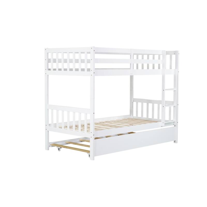 Roomfitters Twin Over Twin Rubber Wood Bunk Bed with Trundle, Convertible to Two Twin Beds, Ladder and Guardrails
