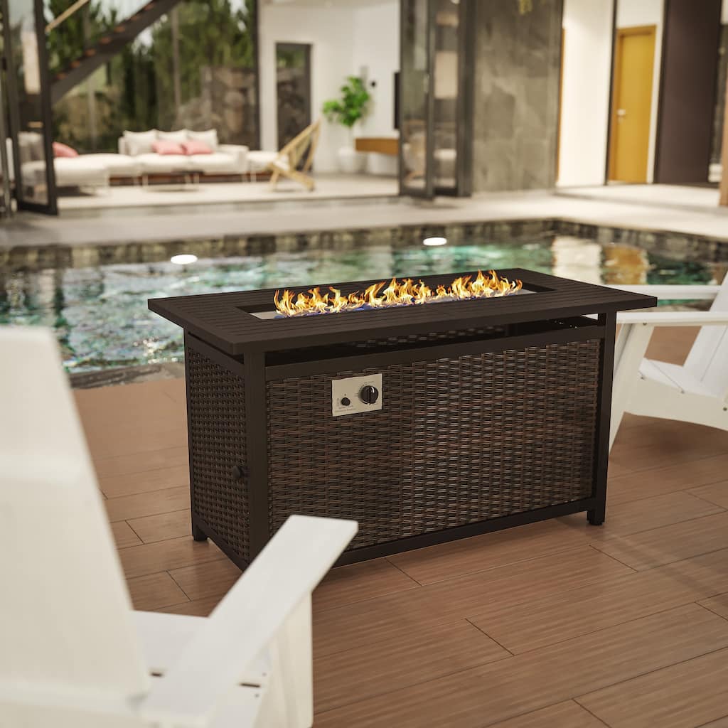 Outdoor 50,000 BTU Fire Table with Steel Top and Wicker Base