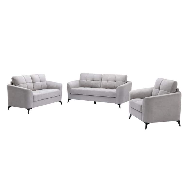 Odin 3 Piece Sofa, Loveseat, Chair Set, Tufted Cushions, Light Gray Velvet - Grey