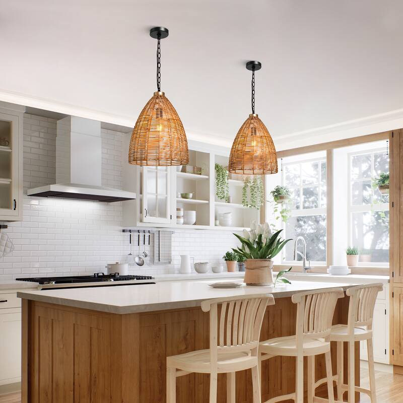 Ravy Farmhouse Large 1-Light Rattan Pendant Natural Cone Island Lights for Dining Room - D 14.17" x H 77.5" MAX