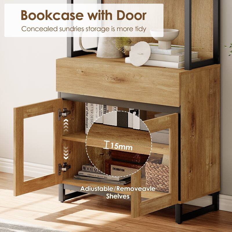 Modern TV Stand with 3 Tiers Bookshelf,Wooden Media TV Console with Glass Doors for Living Room